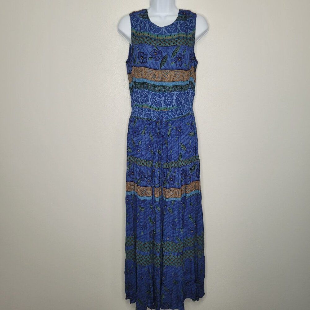 Vintage 80s 90s blue dark boho full skirt partial open back maxi dress size 10
